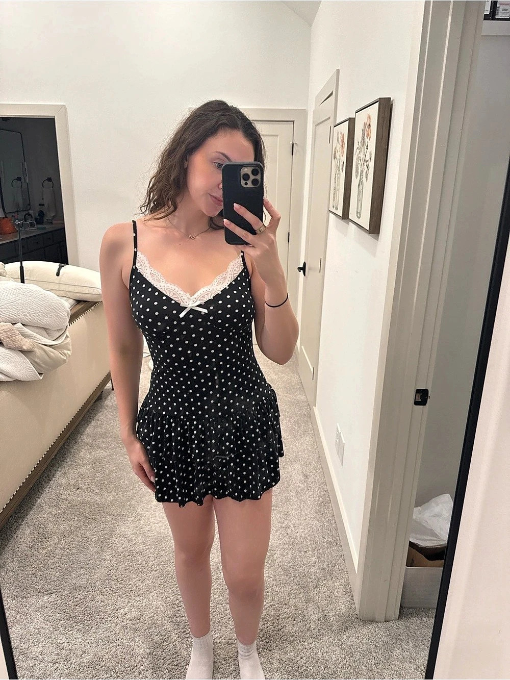 Polka Dot Lace Trim Mini Dress in Black & White